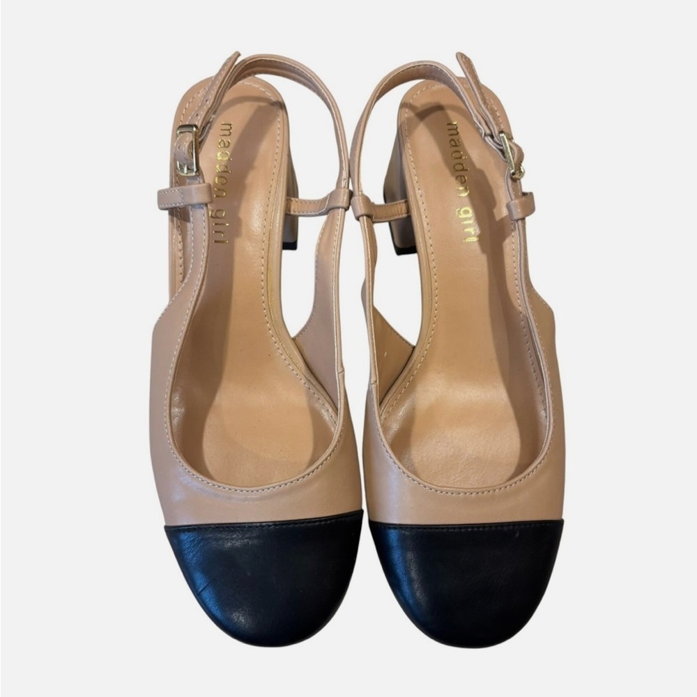 Madden Girl Cap Toe Slingback Block Heels Nude Black Sz 8 French Girl Preppy - Picture 3 of 8
